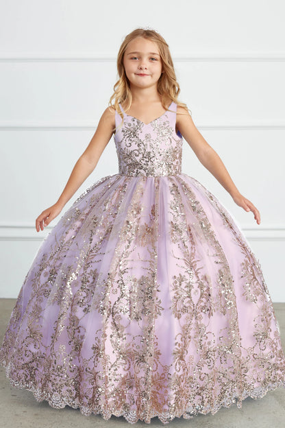 The Lilac kids pageant dress has floral glitter lace.