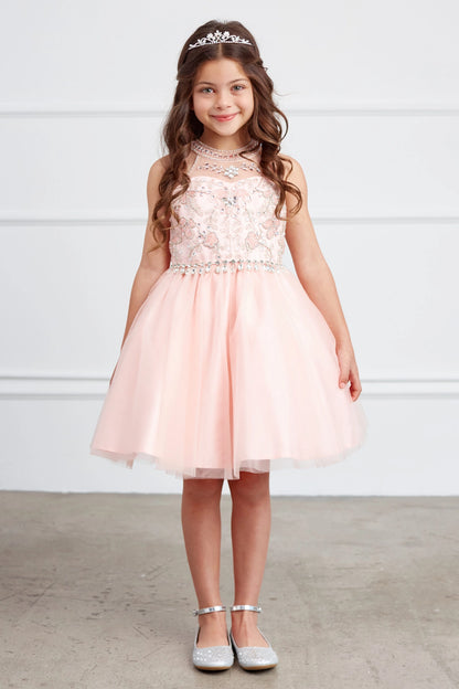 Blush kids pageant dress featuring a rhinestone-trimmed choker neckline.