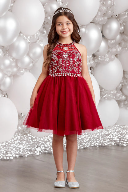 Burgundy kids pageant dress featuring a rhinestone-trimmed choker neckline.