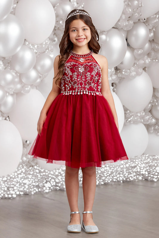 Burgundy kids pageant dress featuring a rhinestone-trimmed choker neckline.