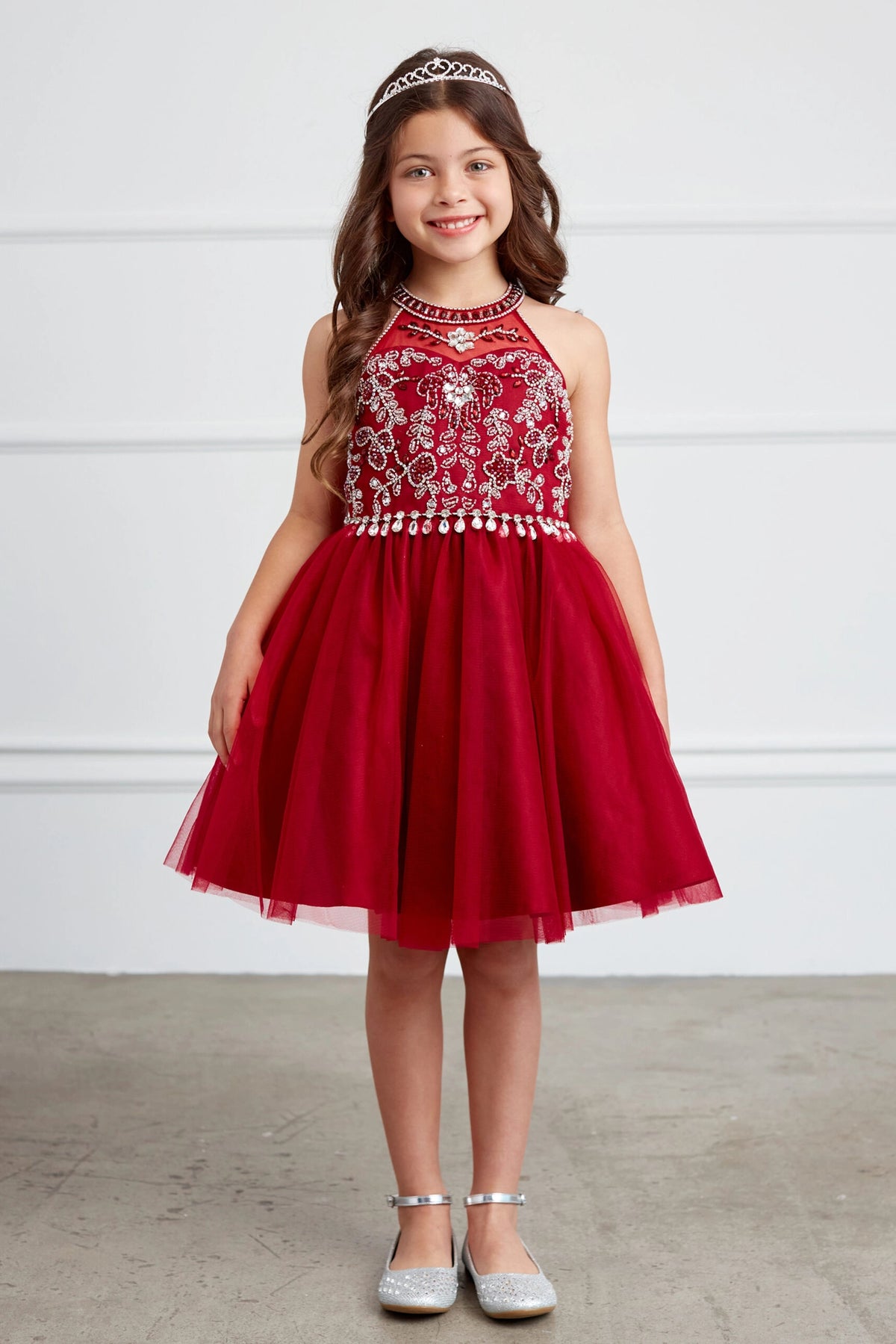 The Burgundy kids pageant dress has a rhinestone-trimmed choker neckline.