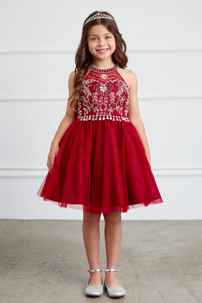 The Burgundy kids pageant dress has a rhinestone-trimmed choker neckline.