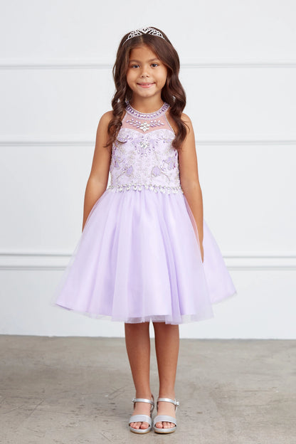Lilac kids pageant dress featuring a rhinestone-trimmed choker neckline.