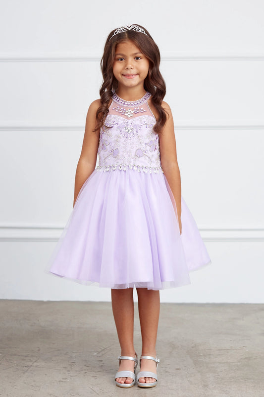 Lilac kids pageant dress featuring a rhinestone-trimmed choker neckline.