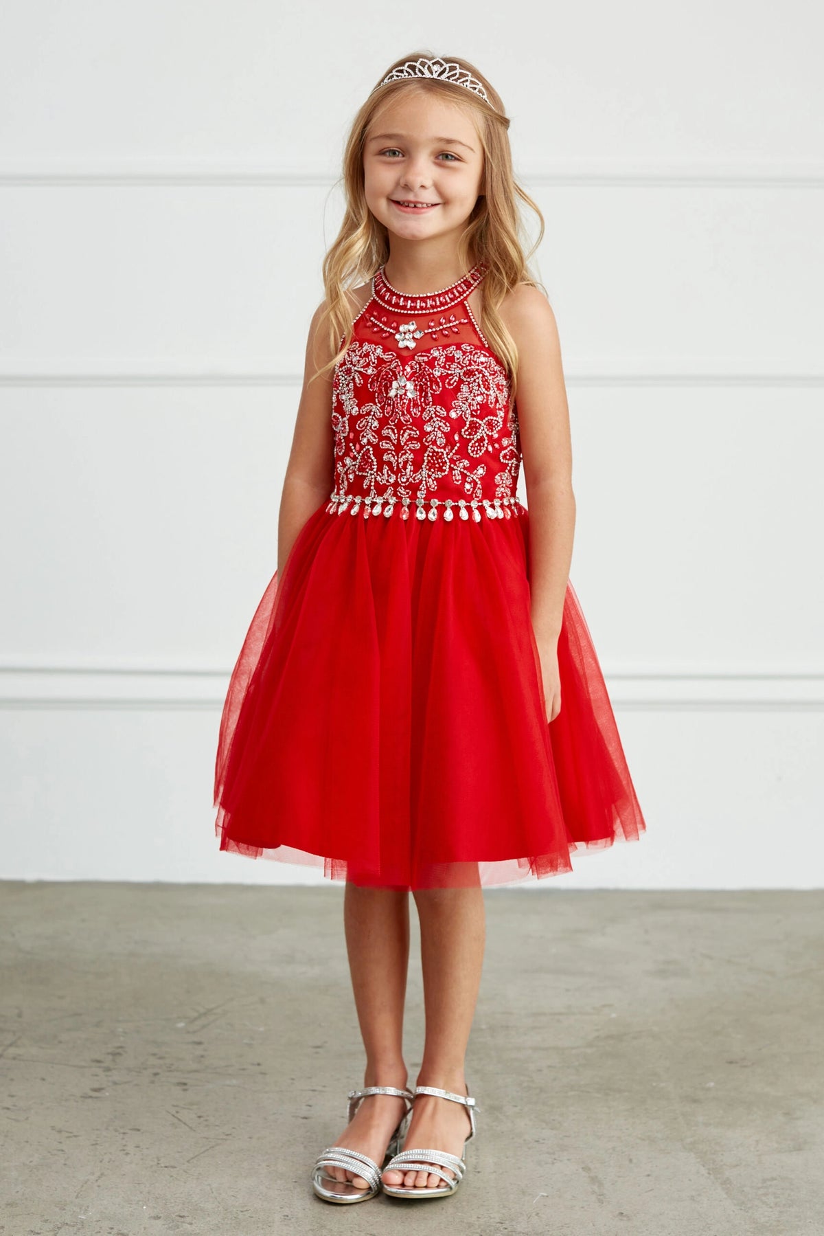Red kids pageant dress featuring a rhinestone-trimmed choker neckline.