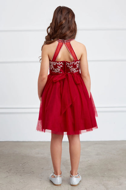 Visible details on the Red kids pageant dress include a tied sash across the back waist.