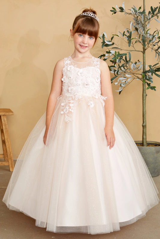 Blush kids pageant dress featuring dimensional floral lace.
