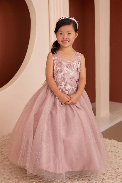 Dusty Rose kids pageant dress featuring dimensional floral lace.