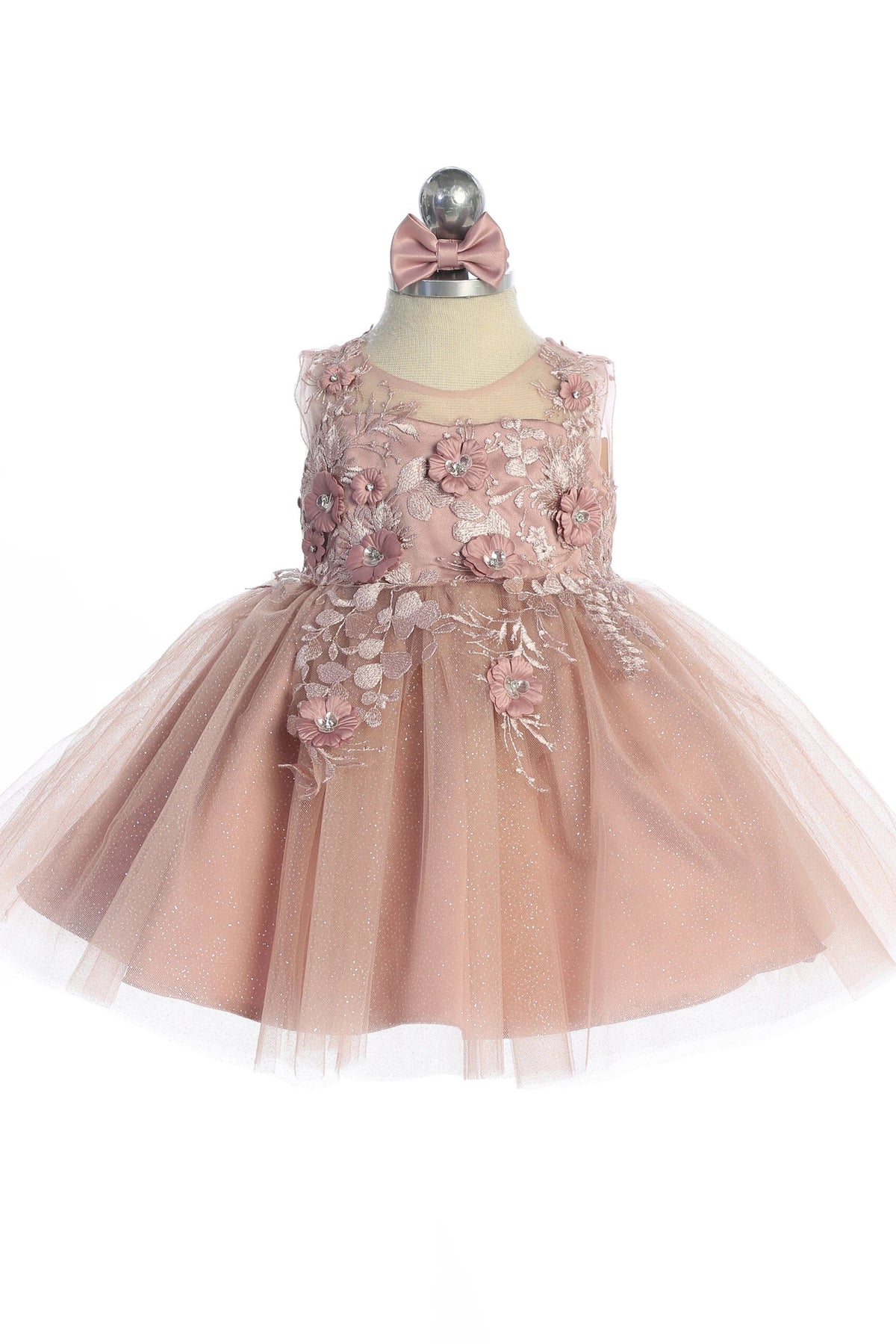 Visible details on the Dusty Rose kids pageant dress include dimensional floral lace.