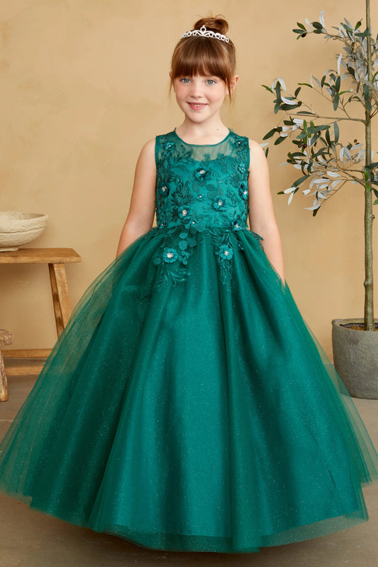 Emerald kids pageant dress featuring dimensional floral lace.