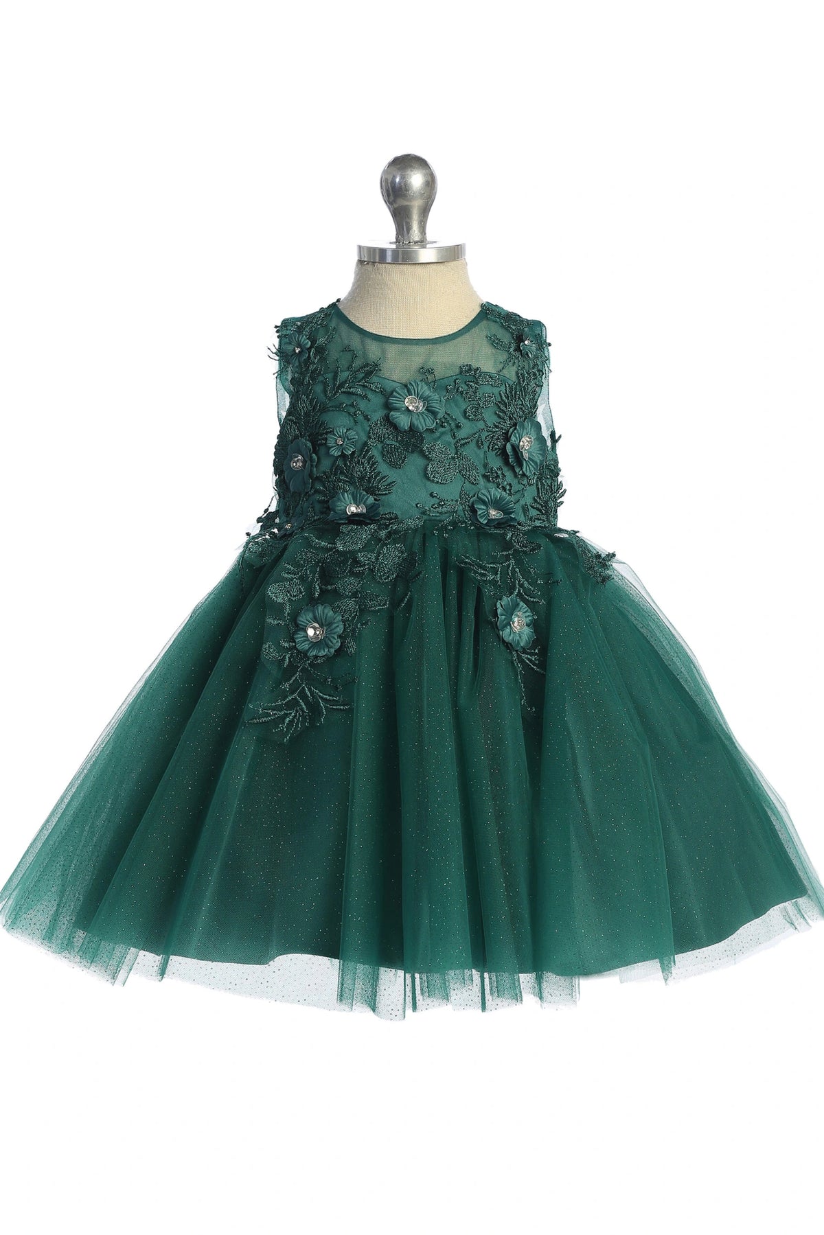The Emerald kids pageant dress has dimensional floral lace.