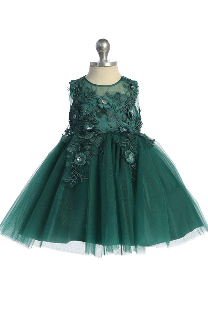The Emerald kids pageant dress has dimensional floral lace.