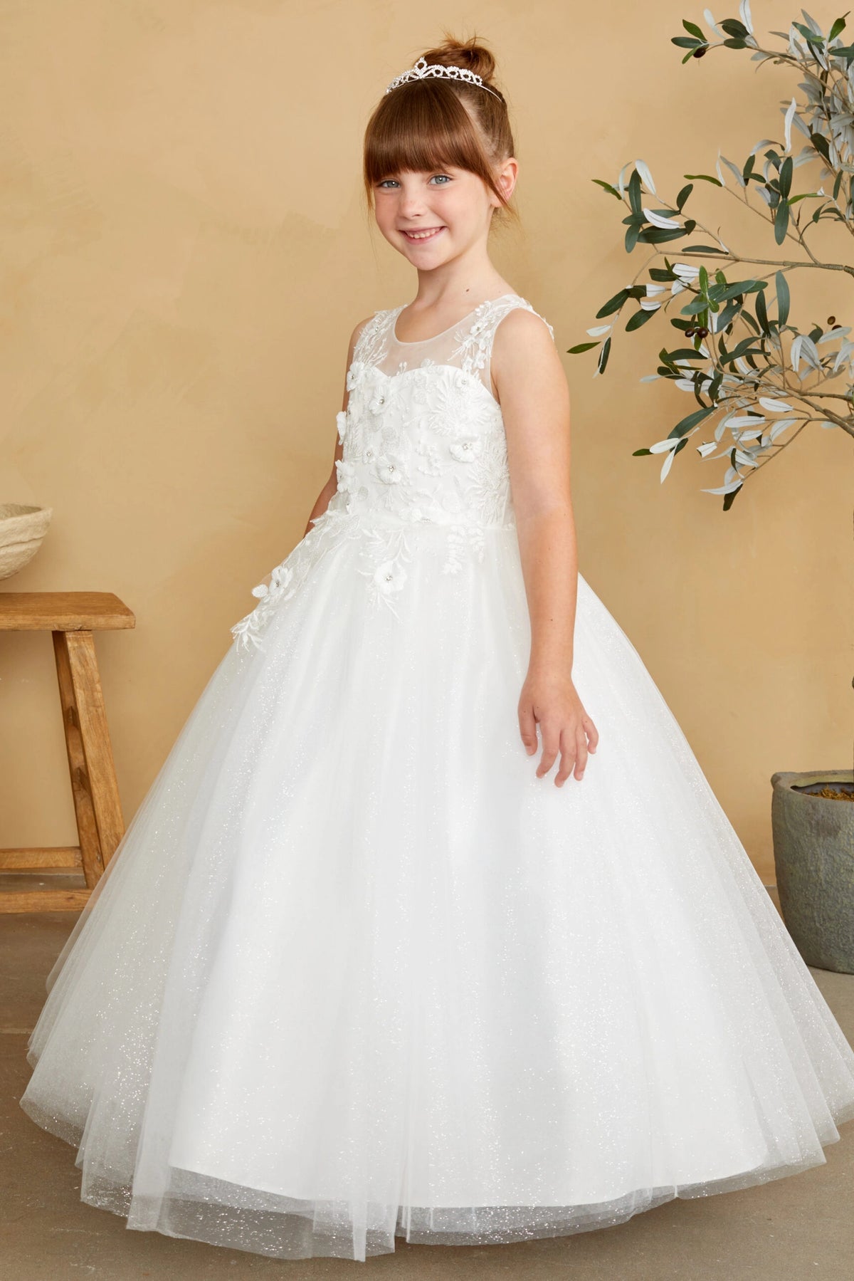 Ivory kids pageant dress featuring dimensional floral lace.