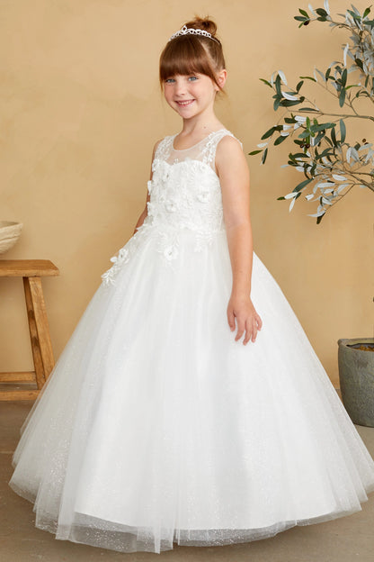Ivory kids pageant dress featuring dimensional floral lace.