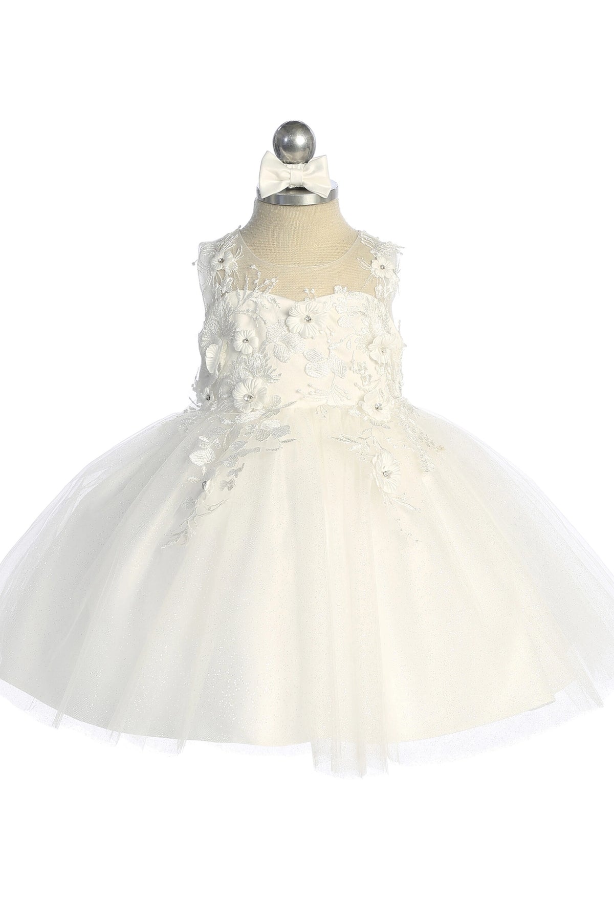 Visible details on the Ivory kids pageant dress include dimensional floral lace.