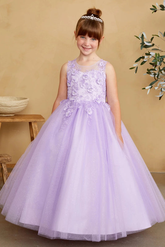Lilac kids pageant dress featuring dimensional floral lace.