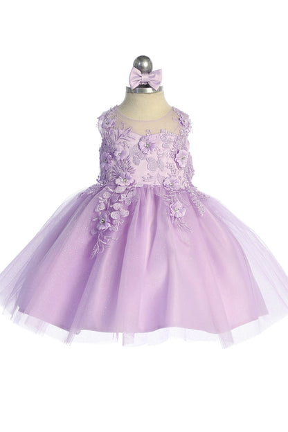 Visible details on the Lilac kids pageant dress include dimensional floral lace.