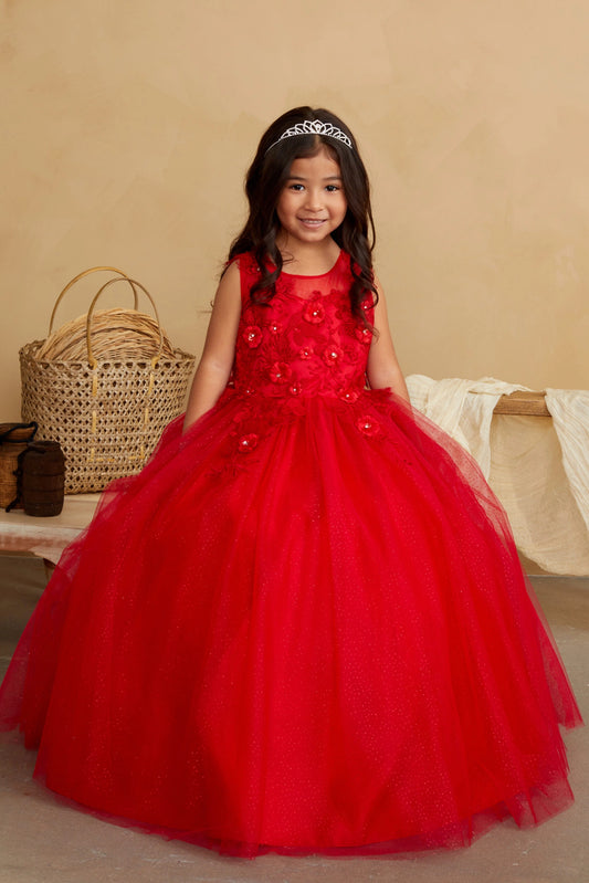 Red kids pageant dress featuring dimensional floral lace.
