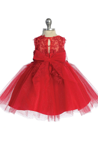 Visible details on the Red kids pageant dress include a tied sash across the back waist.