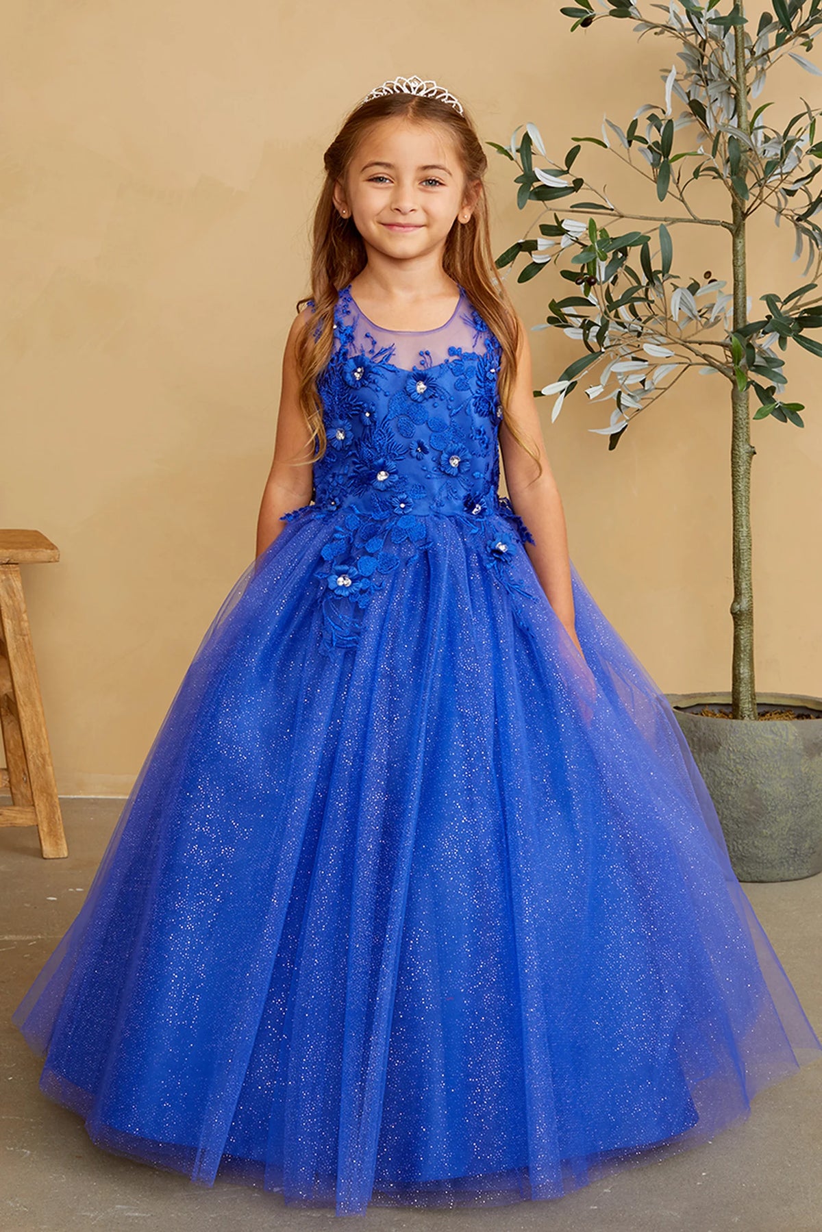 Royal Blue kids pageant dress featuring dimensional floral lace.