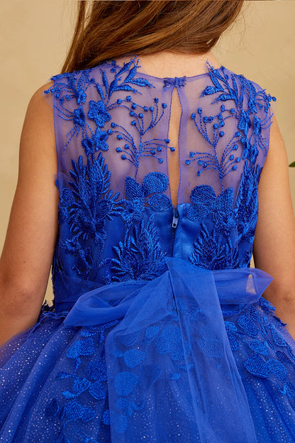 The Royal Blue kids pageant dress has floral lace on the sheer back.