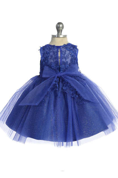 Seen from behind, this Royal Blue kids pageant dress displays a tied sash across the back waist.
