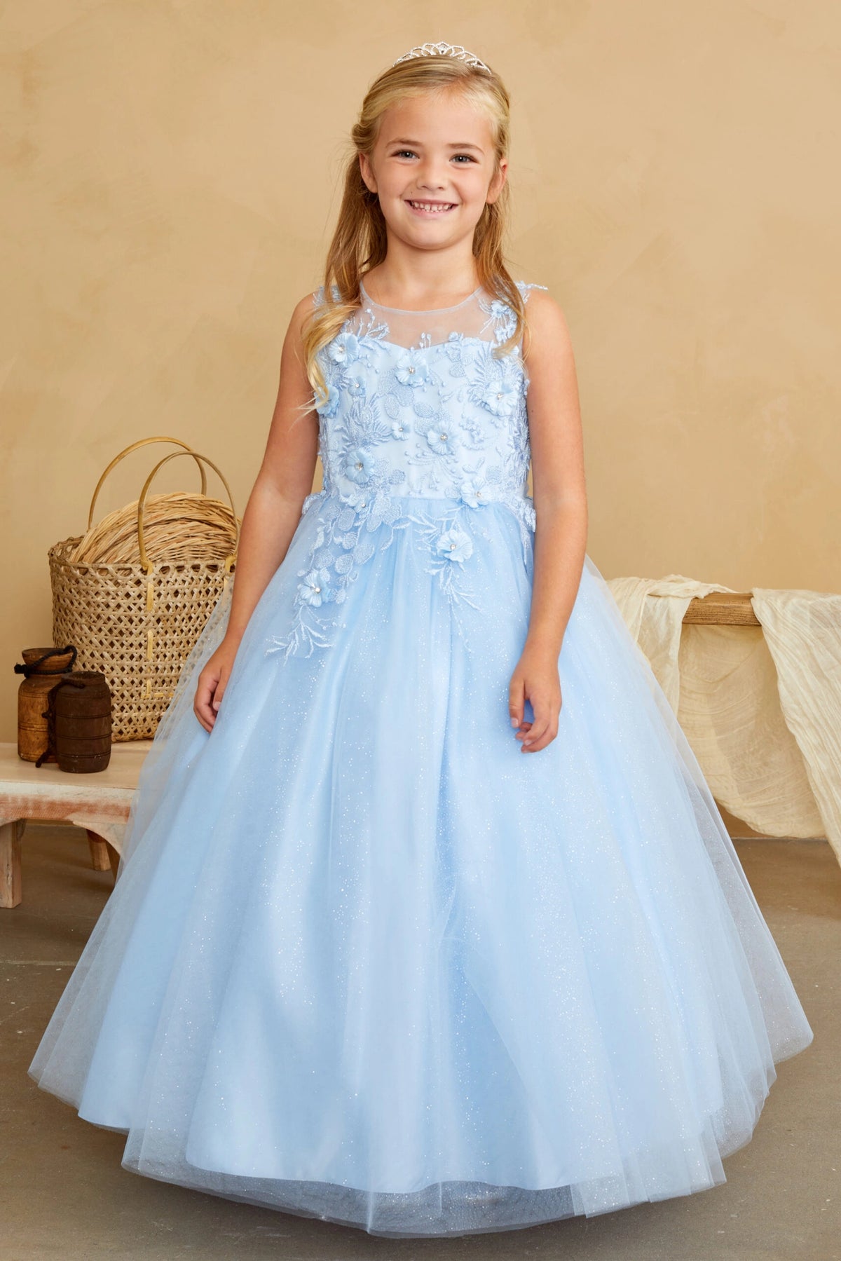 Sky Blue kids pageant dress featuring dimensional floral lace.