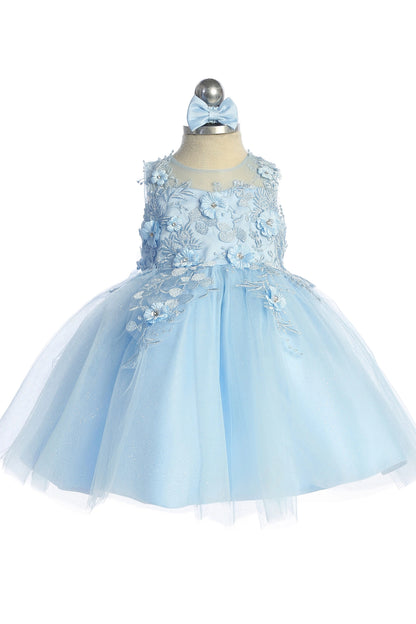 The Sky Blue kids pageant dress has dimensional floral lace.