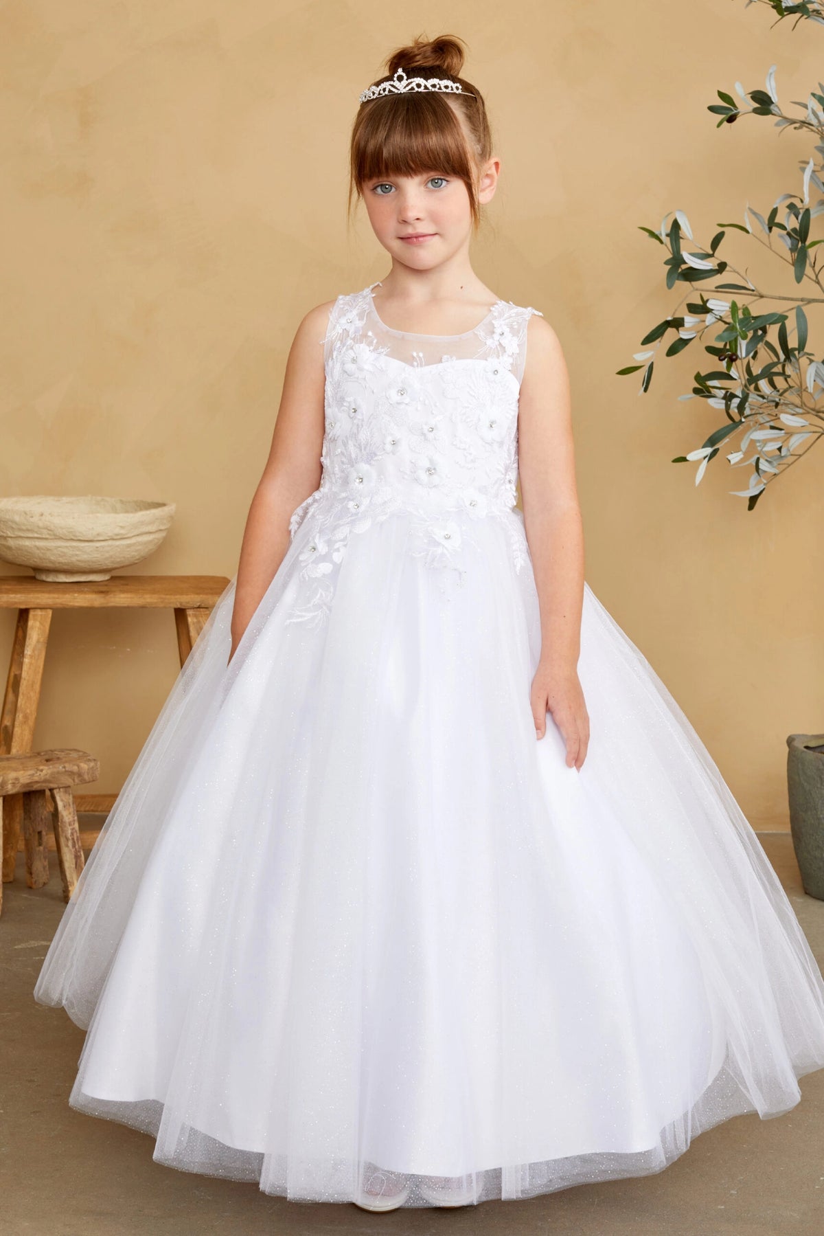 White kids pageant dress featuring dimensional floral lace.
