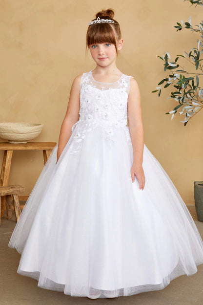White kids pageant dress featuring dimensional floral lace.