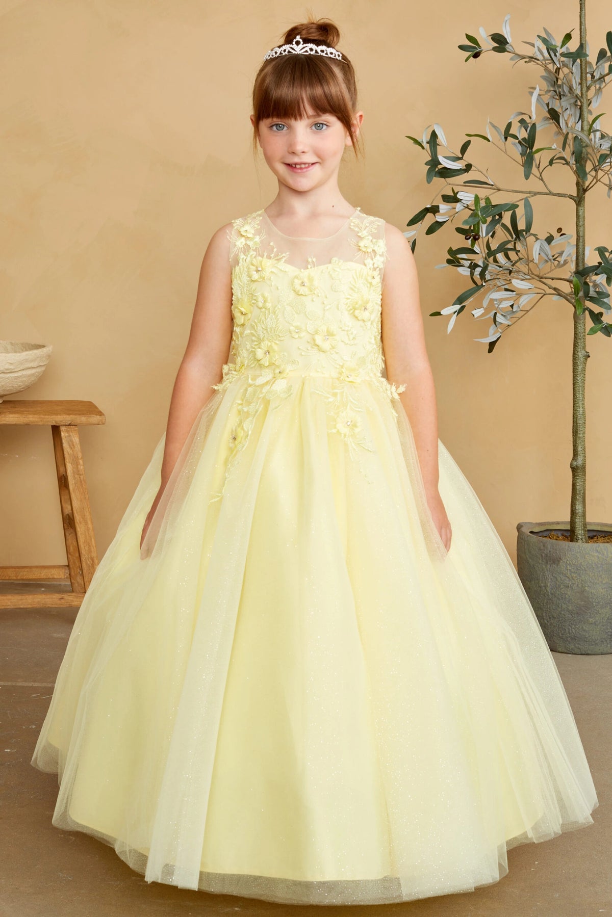 Yellow kids pageant dress featuring dimensional floral lace.