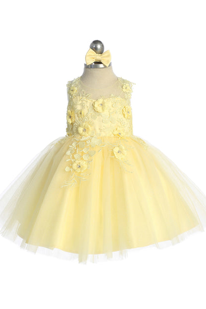 The Yellow kids pageant dress has dimensional floral lace.
