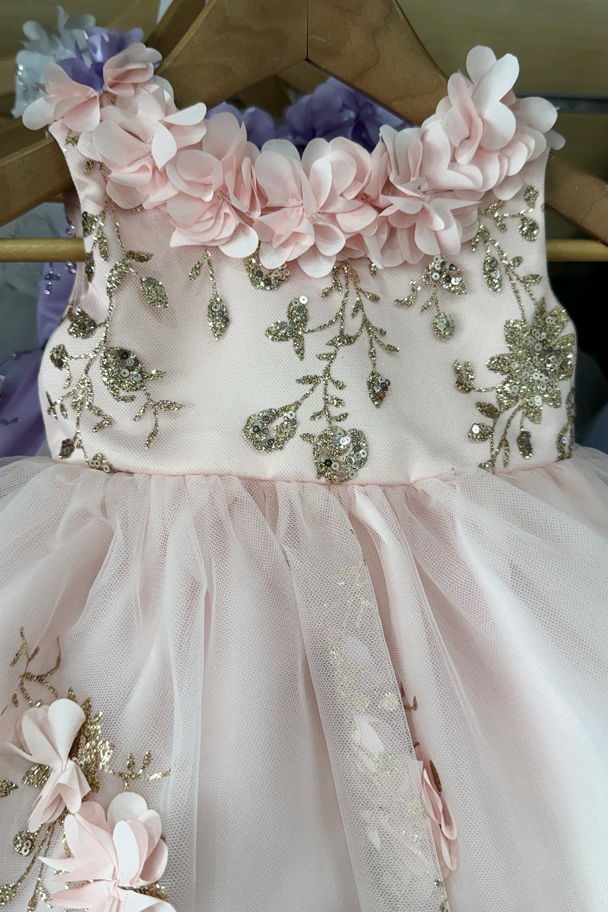 A close-up of a light pink girls' dress with 3D pink flowers, silver glitter embroidery, and a tulle skirt
