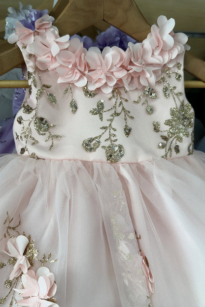 A close-up of a light pink girls' dress with 3D pink flowers, silver glitter embroidery, and a tulle skirt