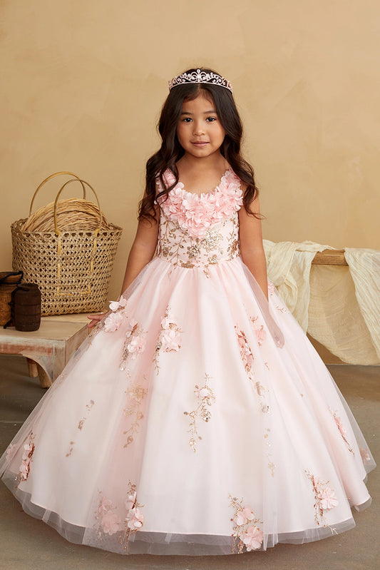 Blush kids pageant dress featuring three-dimensional flower appliques.