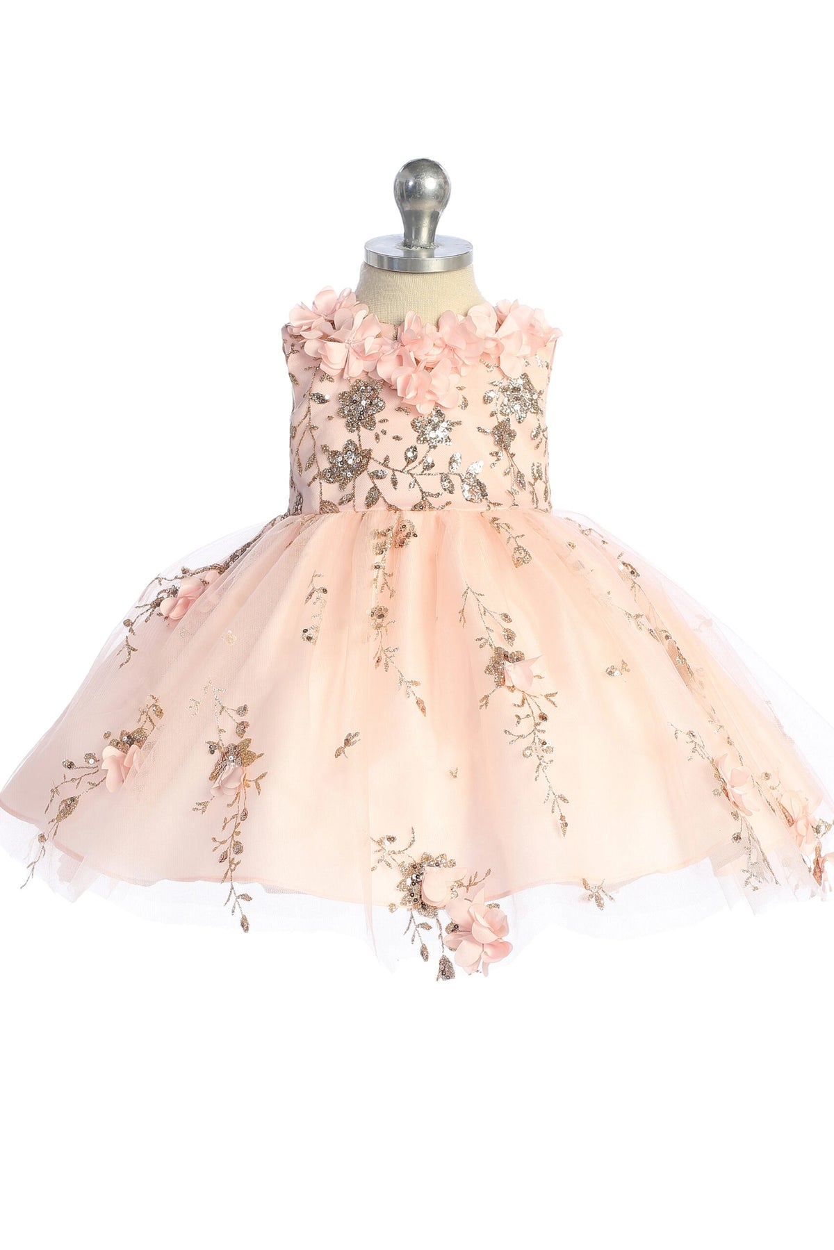 Visible details on the Blush kids pageant dress include three-dimensional flower appliques.