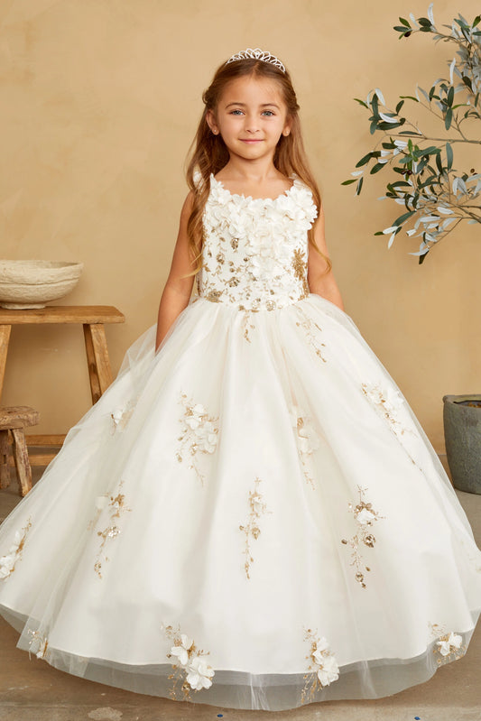 Champagne kids pageant dress featuring three-dimensional flower appliques.