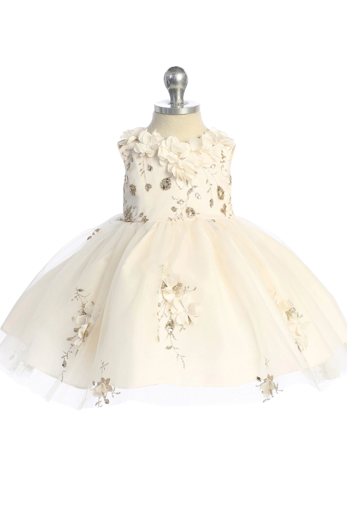 Visible details on the Champagne kids pageant dress include three-dimensional flower appliques.