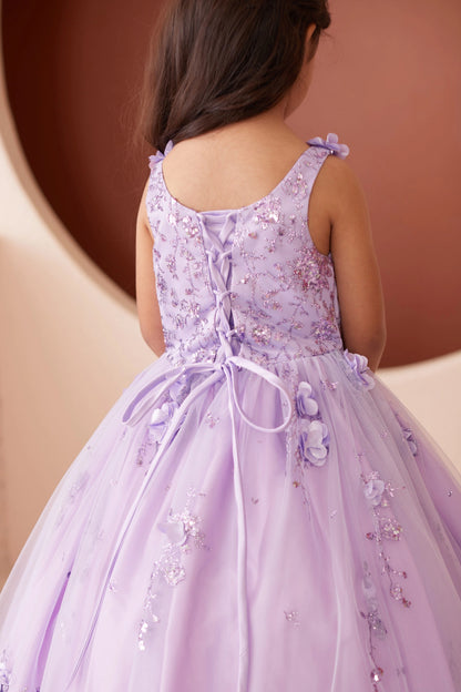 The Lilac kids pageant dress has lace-up ties at the back.