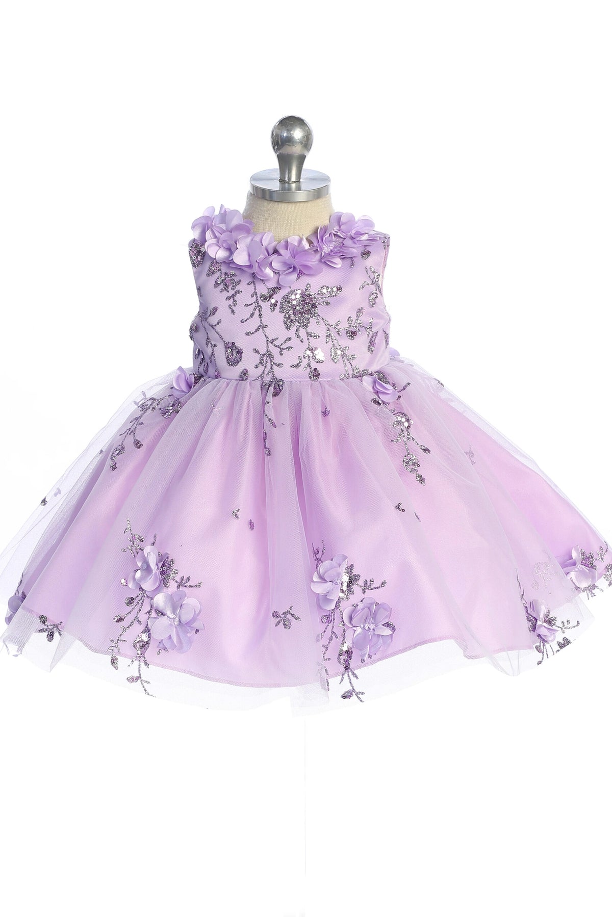 Visible details on the Lilac kids pageant dress include three-dimensional flower appliques.
