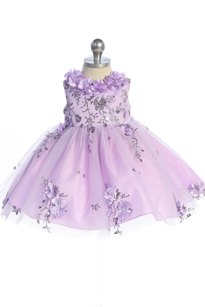 Visible details on the Lilac kids pageant dress include three-dimensional flower appliques.