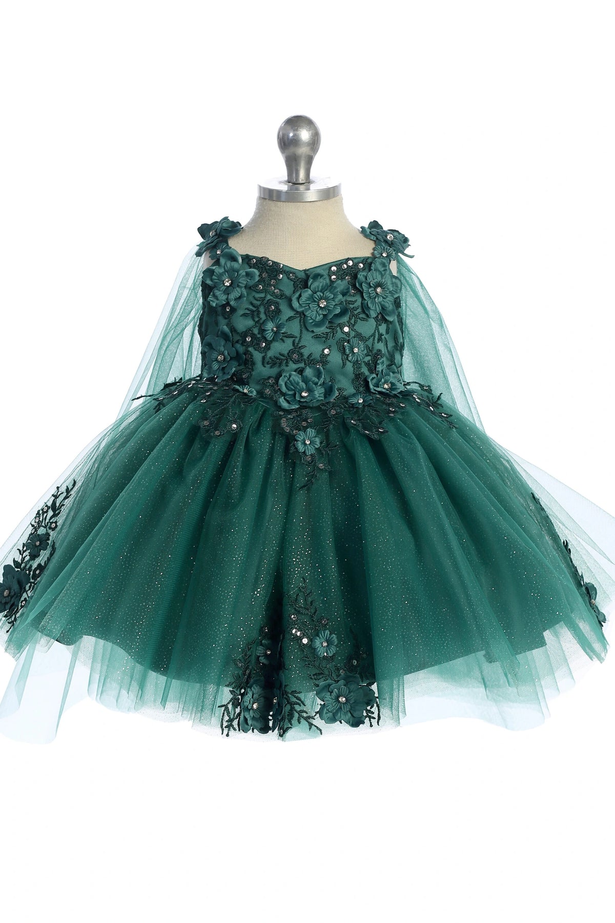Emerald kids pageant dress featuring floral appliques on a full tulle skirt.