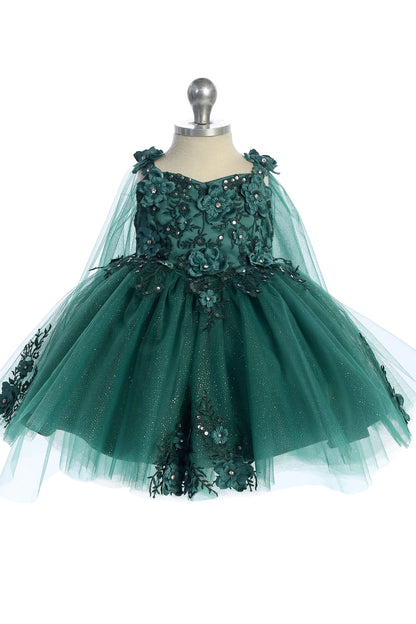 Emerald kids pageant dress featuring floral appliques on a full tulle skirt.