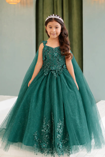 Floral appliqués accent the bodice of this Hunter Green (Emerald) mini quince dress.