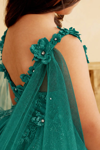 Jeweled flowers edge the sheer cape of this Hunter Green (Emerald) mini quince dress.