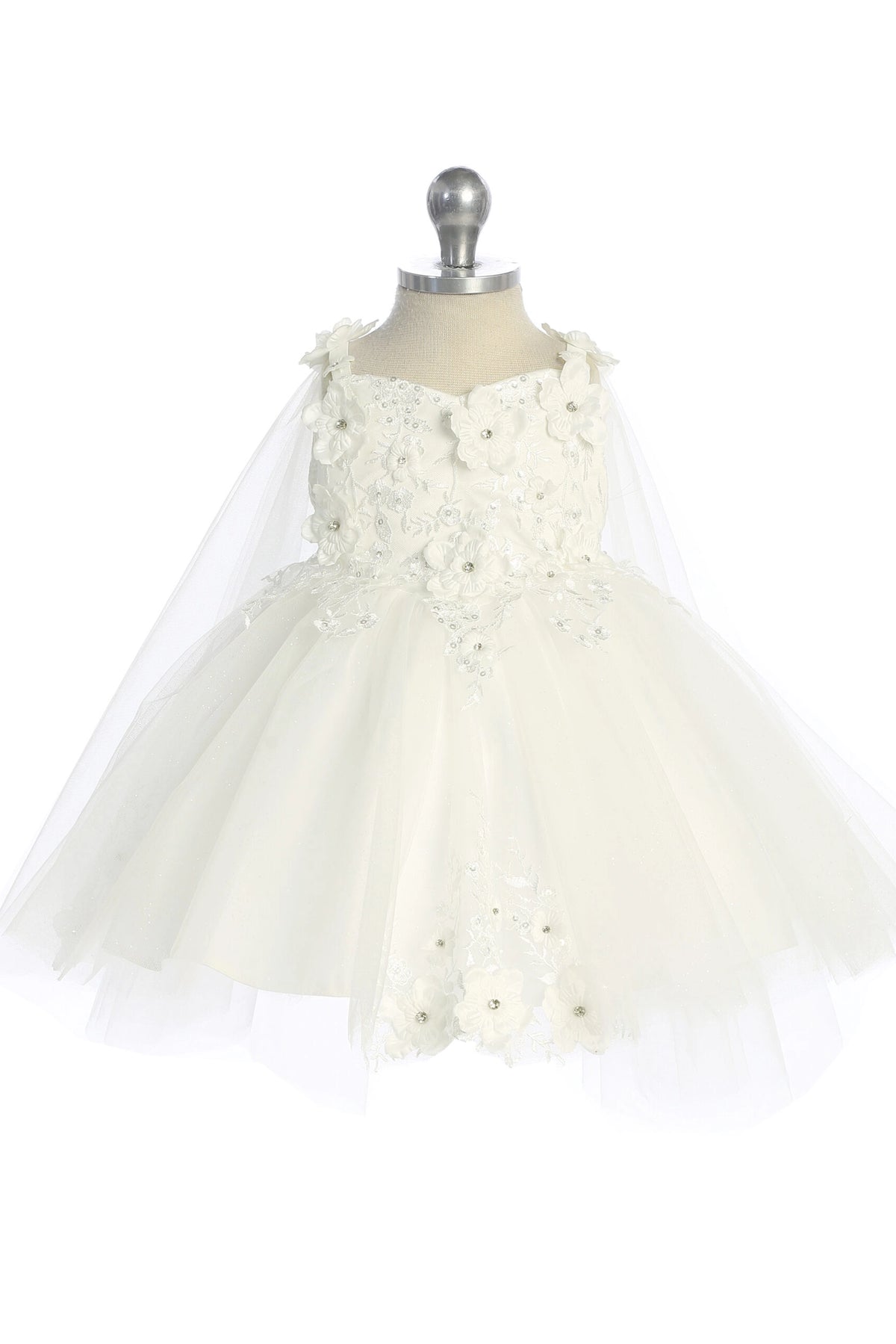 Showing floral appliques on a full tulle skirt, the Ivory kids pageant dress has a detailed finish.