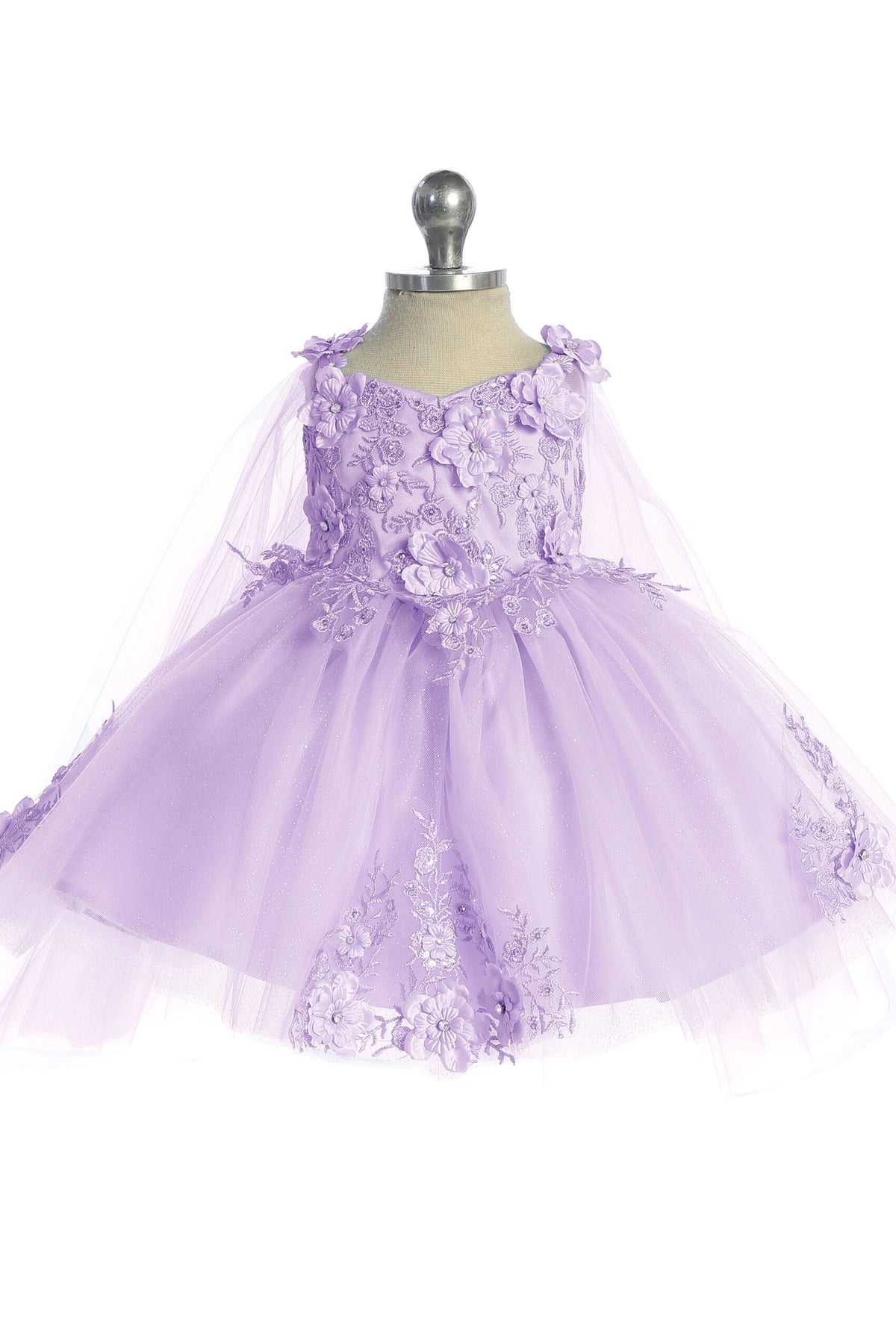 Visible details on the Lilac kids pageant dress include floral appliques on a full tulle skirt.