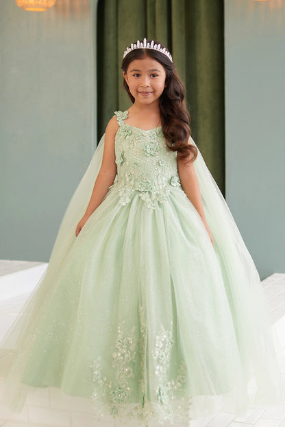 The Sage kids pageant dress has floral appliques on a full tulle skirt.
