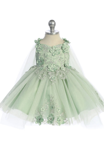 On the Sage kids pageant dress, the detailing includes floral appliques on a full tulle skirt.