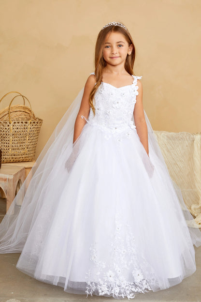 White kids pageant dress featuring floral appliques on a full tulle skirt.